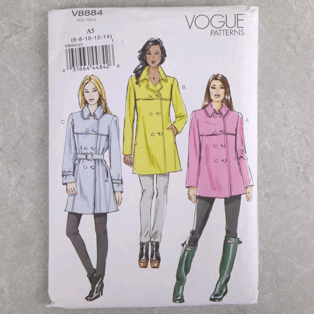 Vogue V8884 Double Breasted Coat Sewing Pattern Classic Trench Preppy Y2K 6-14